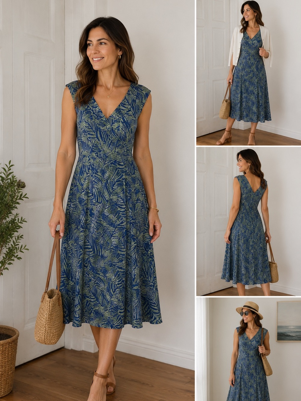 LL Bean Jersey Stretch Dress Women’s Small Midi Green Leaf Tropical Beach Casual